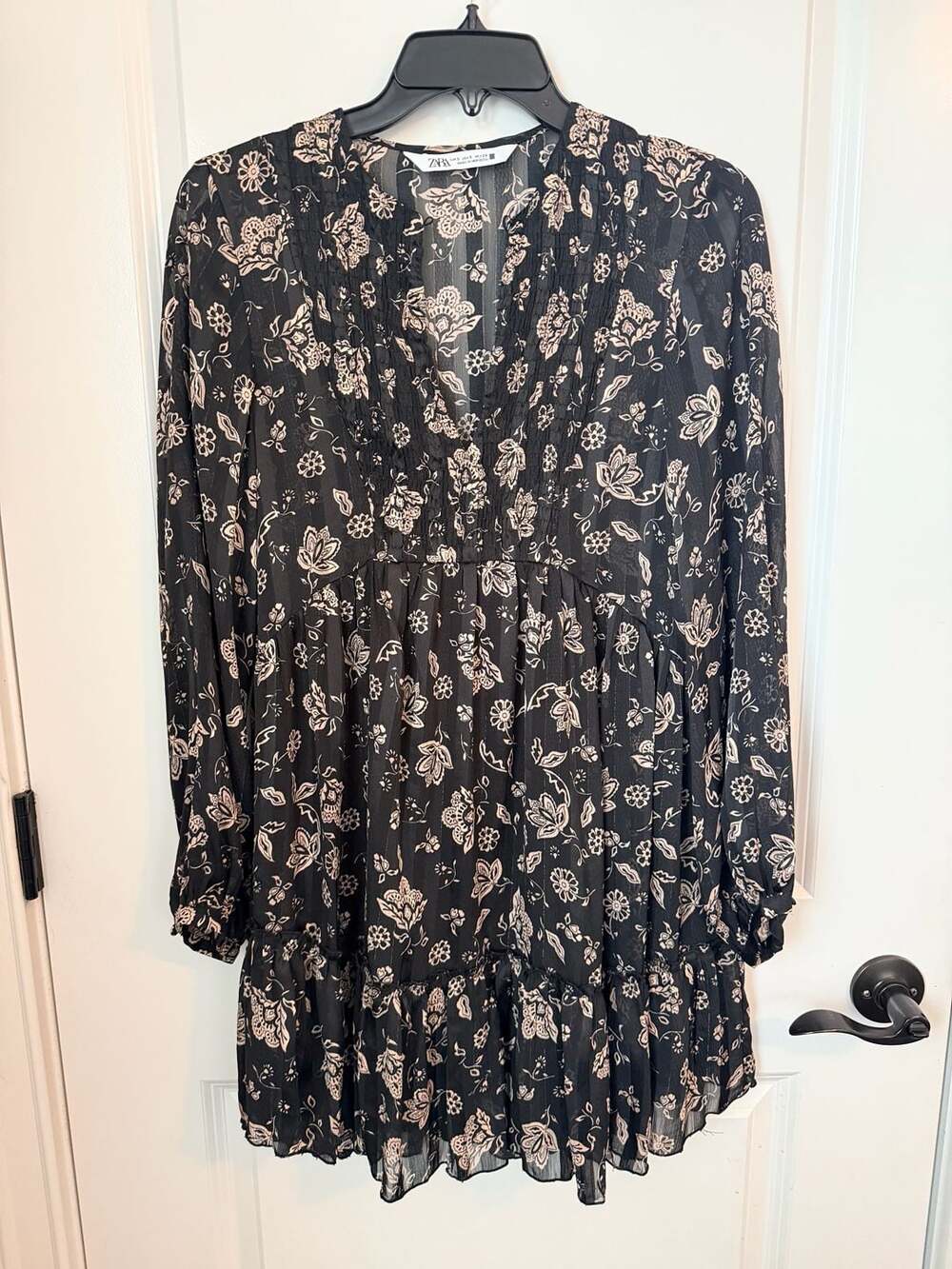 Zara Floral Print Smocked Long Sleeve Mini Dress Size S